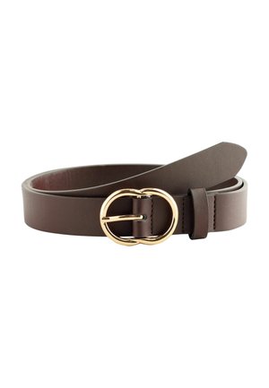 Ceinture en cuir marron avec une finition texturée, présentant une boucle double circulaire en ton doré et une boucle de maintien. Bords lisses et détails de couture.
