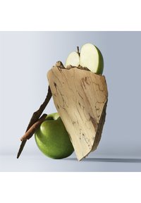 Pomme verte à côté d'un morceau de bois texturé, présentant une surface lisse avec des motifs naturels, accompagnée d'une petite brindille.