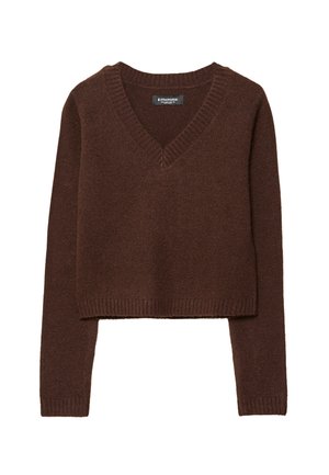 Brązowy krótki sweter z dekoltem w kształcie litery V, długimi rękawami oraz prążkowanymi mankietami i dołem. Wykonany z miękkiego materiału o gładkiej teksturze.
