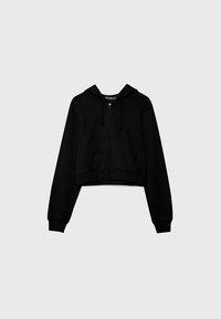 Haut court noir à capuche avec fermeture à glissière sur le devant, cordons de serrage et poche kangourou ; fabriqué en tissu doux et texturé.