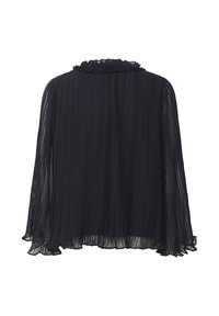 Blusa plissettata blu navy con maniche lunghe trasparenti e scollo arricciato, mostrata da dietro su uno sfondo bianco.