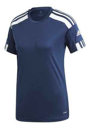 Granatowa sportowa koszulka Adidas z białymi potrójnymi paskami na ramionach i rękawach, logo na lewym rękawie, metka AEROREADY na dole.