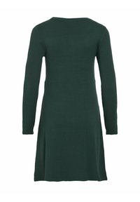 Robe longue manches longues vert foncé, longueur jusqu'aux genoux, avec un col rond, vue de dos sur un fond blanc.