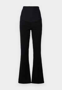 Sorte utsvingte jeans med høy midje, laget av denim. Har fem-lommers stil og en jevn tekstur med sømdetaljer.