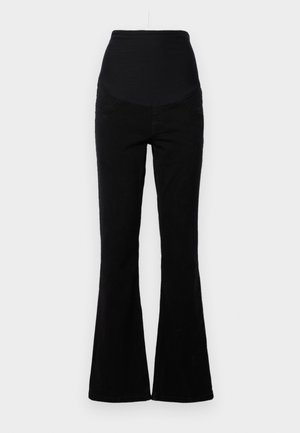 Jean évasé noir avec une taille haute, fabriqué en denim. Présente un style cinq poches et une texture lisse avec des accents surpiqués.