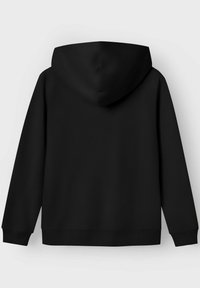 Felpa nera con cappuccio dal tessuto liscio, con maniche lunghe e orlo dritto. Design semplice, senza motivi o dettagli visibili.