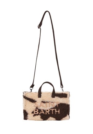 Borsa in pelliccia sintetica con stampa a motivi bovini crema e marrone, dotata di manico superiore, tracolla staccabile e dettaglio ricamato "SAINT BARTH".