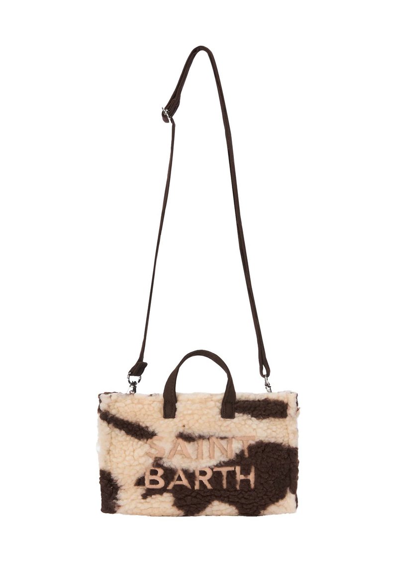Borsa in pelliccia sintetica con stampa a motivi bovini crema e marrone, dotata di manico superiore, tracolla staccabile e dettaglio ricamato "SAINT BARTH".