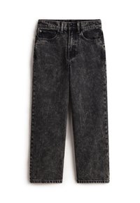 Jeans in denim nero con un lavaggio sbiadito, design a gamba dritta, stile a cinque tasche, chiusura con zip e dettagli di cucitura visibili lungo le cuciture.