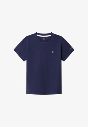 Marineblauw T-shirt met korte mouwen van katoen, met een ronde hals, klein logo op de borst en tekst op de mouw. Soepele textuur.