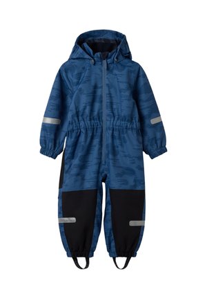 Blauwe en zwarte waterdichte sneeuwpak voor peuters met capuchon, voorrits, elastische manchetten, reflecterende strips op de mouwen en benen, en voetriemen.