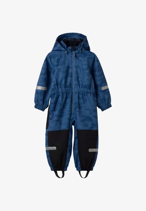 Blauwe en zwarte waterdichte sneeuwpak voor peuters met capuchon, voorrits, elastische manchetten, reflecterende strips op de mouwen en benen, en voetriemen.