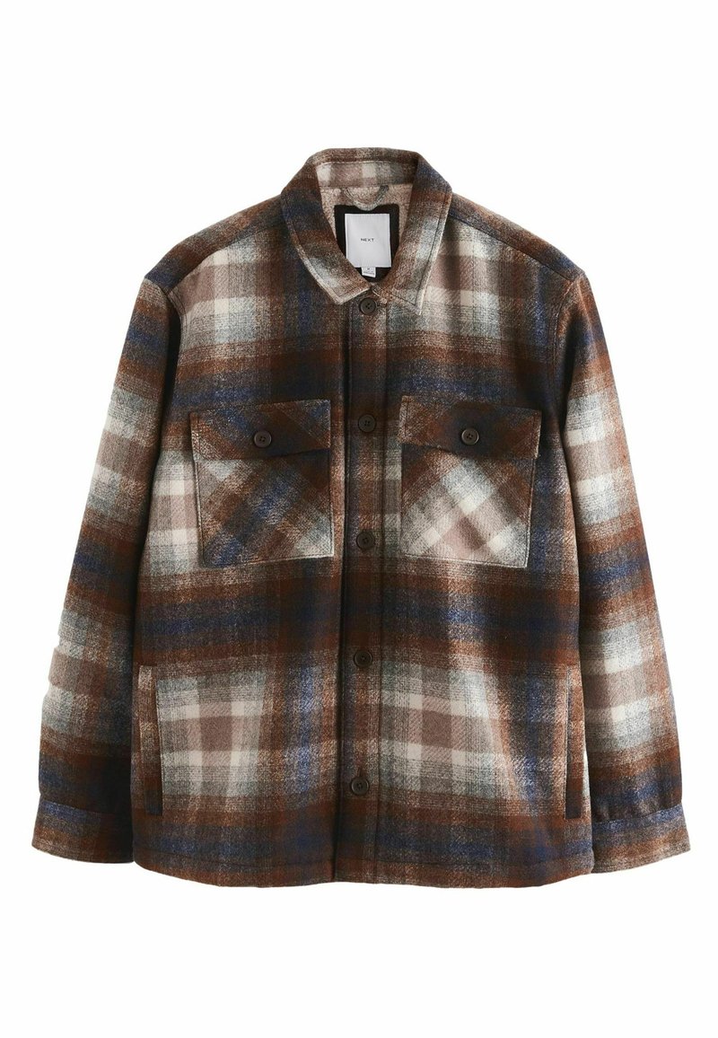Braun-blau karierte Jacke aus weichem, strukturiertem Stoff mit Knopfverschluss, zwei Brusttaschen und einem Kragendesign.
