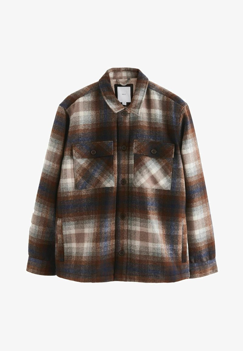 Brown and blue plaid jacket made of soft, textured fabric with a button closure, two chest pockets, and a collar design.