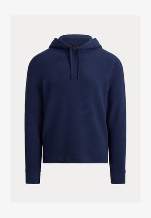 Marineblauwe hoodie met gestructureerde stof, kangoeroezak, verstelbare capuchon met trekkoord en geribbelde boorden. Regular fit ontwerp.