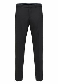 Svart dressbukser laget av glatt stoff, med en skreddersydd passform, rette ben, beltehemper og framlommer.