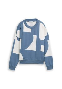 Blauwe sweatshirt met witte abstracte vormen. Heeft een ronde hals, lange mouwen, en ribgebreide manchetten en onderrand, gemaakt van een zacht katoenmix materiaal.