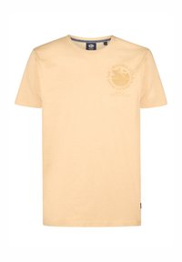 Korte mouw t-shirt van lichtgeel stof. Heeft een ronde hals, een rechte zoom en een grafische print op de linker borst.