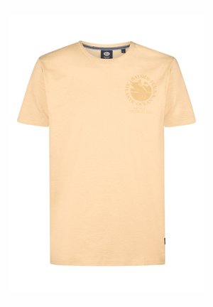 Short-sleeve t-shirt in light yellow fabric. Features a round neck, straight hem, and a graphic print on the left chest.
