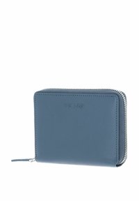 Portefeuille zippé en cuir bleu avec logo "PICARD" embossé et tirette de fermeture éclair argentée, présenté sur un fond blanc.