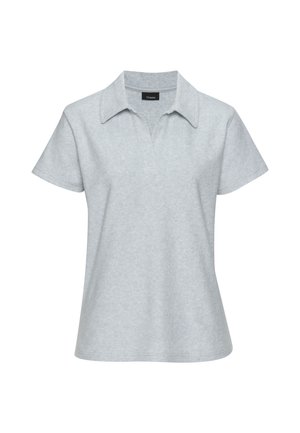 Graues kurzärmeliges Poloshirt mit flachem Kragen und V-Ausschnitt, aus einem weichen Stoff mit glatter Textur gefertigt.