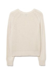 Jersey de punto beige, con textura acanalada, escote redondo y mangas raglán con detalle de calado a lo largo de las costuras de los hombros.