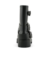 Czarne skórzane botki do połowy łydki z dwiema regulowanymi klamrami, masywną podeszwą i gładkim wykończeniem. Posiadają okrągły czubek i teksturowany obcas.