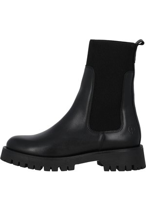 Bottines Chelsea noires en cuir lisse avec un corps en cuir et un élastique côtelé. Elles présentent une semelle en caoutchouc épaisse avec un motif texturé pour une meilleure adhérence.