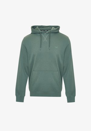 Sweat à capuche vert avec poche avant, cordons de serrage, poignets côtelés et petit logo brodé sur la poitrine gauche.