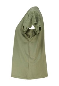 T-shirt vert olive avec un col rond, des manches courtes détaillées de dentelle complexe et un dos découpé pour une meilleure ventilation.