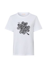 T-shirt bianca in cotone con un grande design nero a trifoglio scarabocchiato e il nome del marchio "LIU JO" in nero sul lato sinistro. Maniche corte.