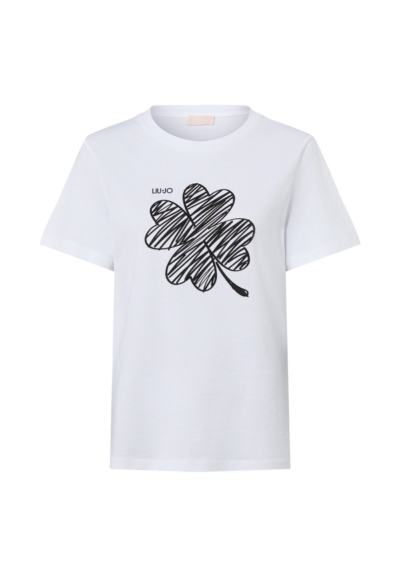 T-shirt bianca in cotone con un grande design nero a trifoglio scarabocchiato e il nome del marchio "LIU JO" in nero sul lato sinistro. Maniche corte.