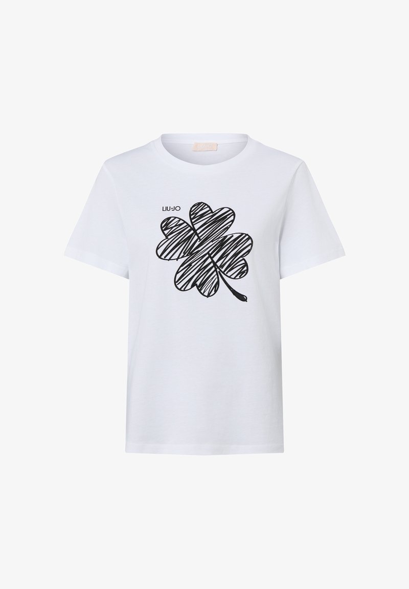 T-shirt bianca in cotone con un grande design nero a trifoglio scarabocchiato e il nome del marchio "LIU JO" in nero sul lato sinistro. Maniche corte.