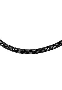 Collana in catena nera in metallo con anelli intrecciati e finitura liscia e lucida. Gli anelli sono di dimensioni uniformi e forma regolare.