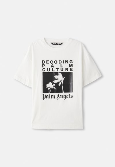 White cotton t-shirt featuring a black graphic print with palm trees, "DECODING PALM CULTURE," and "Palm Angels" in bold lettering.