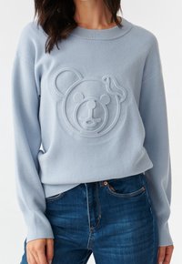 Jasnoniebieski sweter z fakturowanym nadrukiem niedźwiedzia na przodzie, z długimi rękawami i okrągłym dekoltem. Połączony z ciemnoniebieskimi dżinsami.
