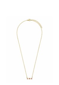Gouden ketting met een centrale hanger met vier roze edelstenen in een hoekig ontwerp. Verstelbare lengte met een karabijnsluiting.