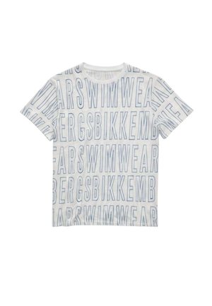 T-shirt bianca a maniche corte con grande testo blu contornato ""BIKKEMBERGS SWIMWEAR"" ripetuto orizzontalmente.