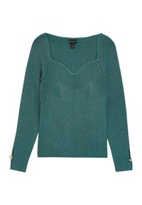 Grönstickad tröja med texturerad yta, med en rundad halsringning och strukturerad bystdetalj. Långa ärmar med gyllene knappar.