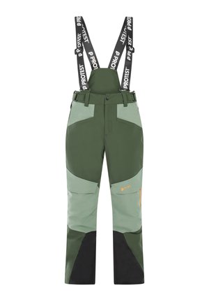Ski-pants gemaakt van duurzaam materiaal, met verstelbare zwarte bretels, groene en grijze kleurvlakken, zijzakken en oranje merktekens.