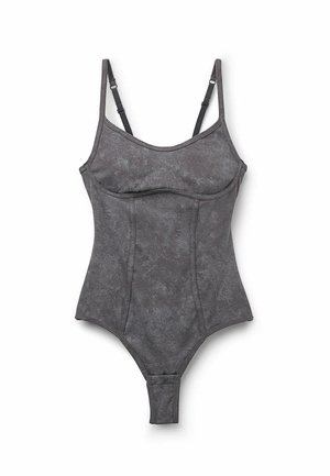 Tma šedý body s nubukovým vzorem, tenkými nastavitelnými ramínky a strukturovanými švy pro přizpůsobenou siluetu.