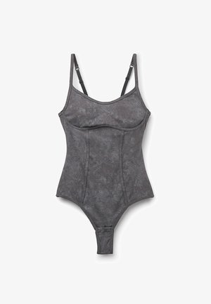 Dark gray suede-textured bodysuit with thin adjustable shoulder straps and structured seams for a fitted silhouette.