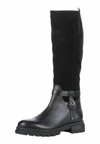 Bottes noires jusqu'aux genoux avec une partie inférieure en cuir lisse et une partie supérieure en daim doux. Comprend une boucle sur le côté et une semelle robuste.