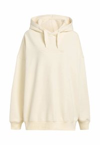 Sudadera de gran tamaño color crema con capucha ajustable, puños y dobladillo acanalados. Presenta un logo de Adidas en relieve en la parte delantera. Textura de tela suave.