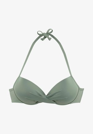 Green bikini top with padding, twist design at the center, adjustable straps, and a tie at the neck. Smooth, stretchy fabric texture.