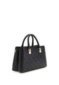 Borsa nera realizzata in materiale sintetico texturizzato, con doppi manici, dettagli metallici e una forma strutturata con motivi floreali in rilievo.