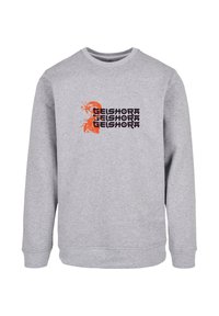 Gray sweatshirt with long sleeves, crew neck, and graphic print. Features stylized text in black and orange, and a slightly textured fabric.