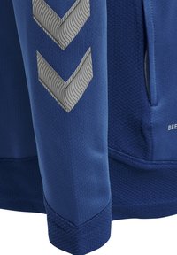 Giacca atletica blue in tessuto texturizzato, con una finitura liscia e motivi a chevron riflettenti sulle maniche. Design informale con vestibilità rilassata.
