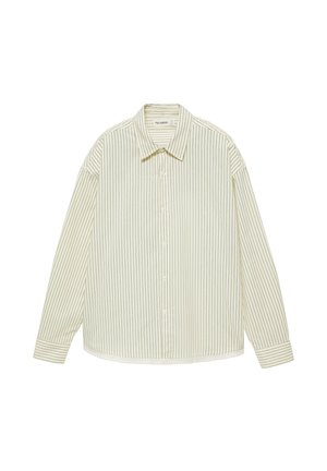 Chemise crème à manches longues avec fines rayures verticales noires, boutonnée devant, col pointu et poignets boutonnés.