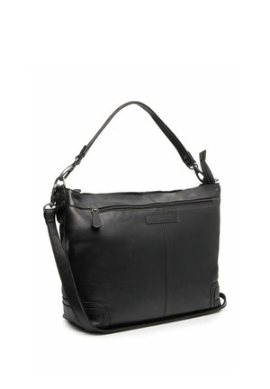 Sac à épaule en cuir noir avec fermeture éclair supérieure, poche avant zippée et bandoulière ajustable détachable sur fond blanc.